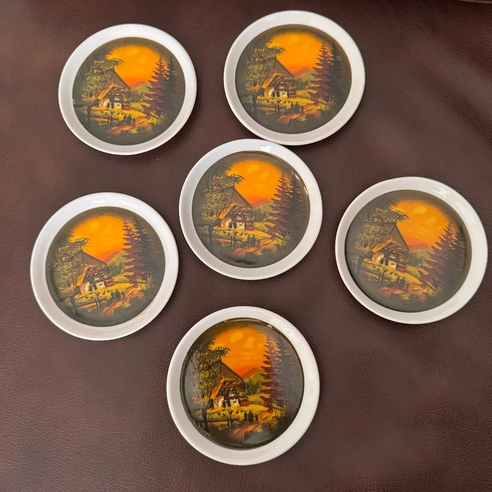 Vintage Black Forest Schramberg Majolika Coaster Set 6Pc